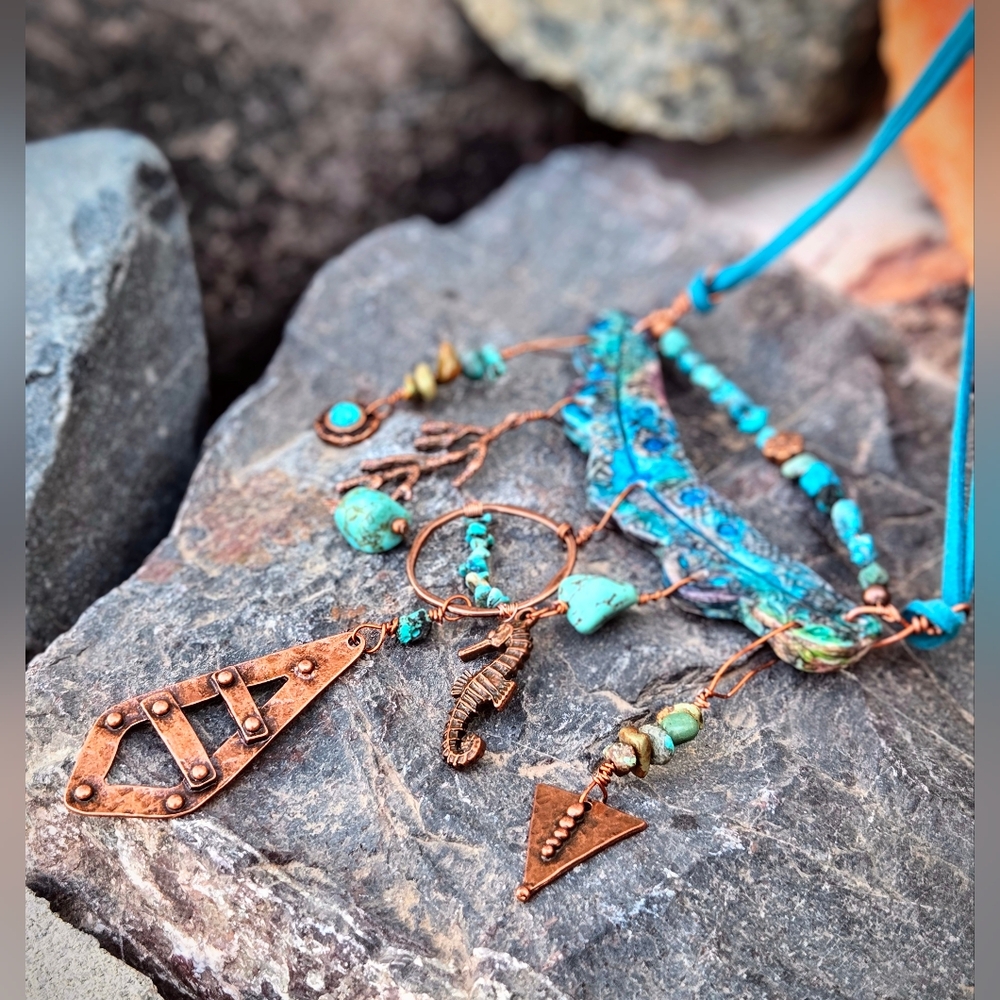 Blue In Earth Assemblage W/ Turquoise In One-of-A-Kind Artisan Copper Necklace - Picture 7 of 9